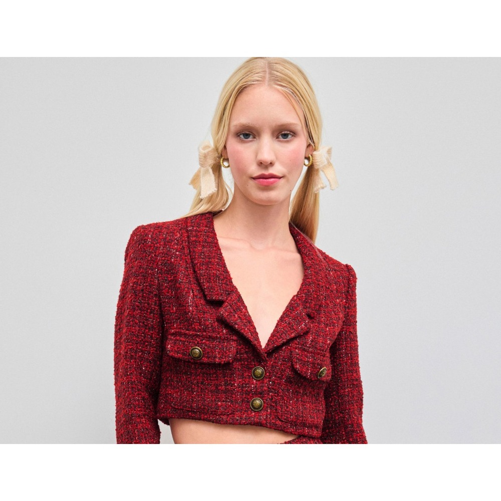 Cider Red Tweed Crop Top - Notched Collar, Slim Fit, Button Detail, Lined - Picture 5 of 8